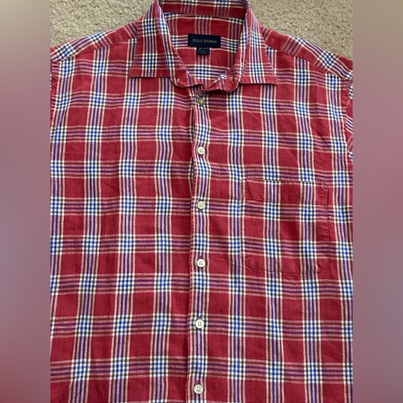 Scott Barber Men’s Large Red Plaid Linen Shirt - Picture 6 of 6